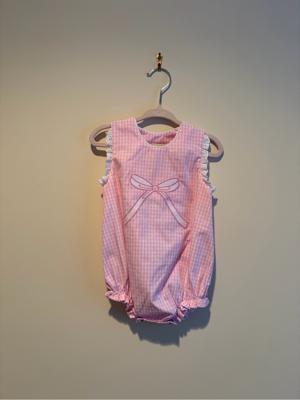 The Beaufort Bonnet Company Pink Gingham Bow Bubble Romper